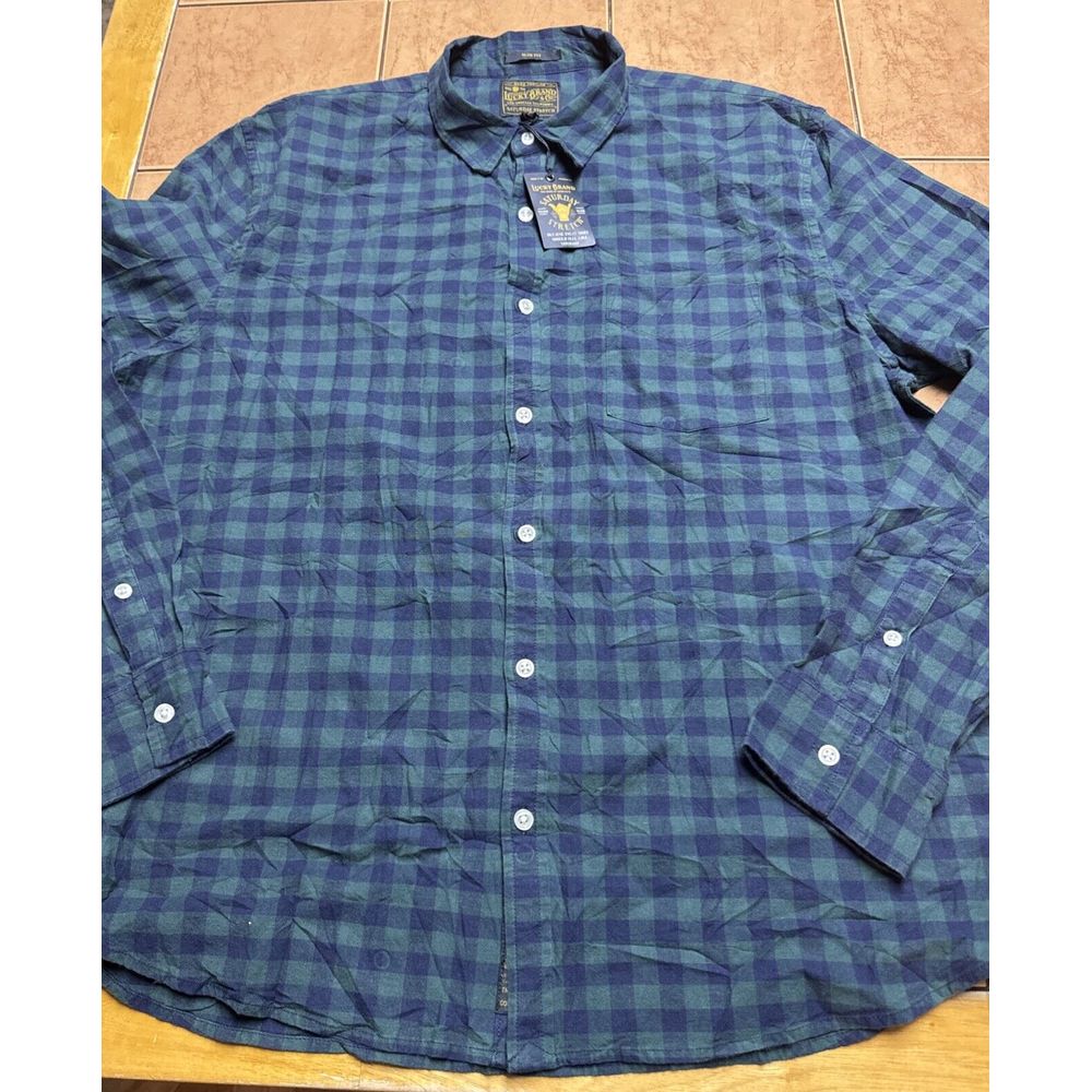 New Lucky Brand & Co Blackwatch Plaid Green Blue Shirt Men's Sz Xl Slim